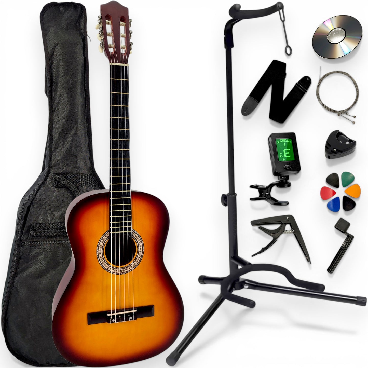 Guitare classique AMROVA — pack 11 accessoires avec support au sol, coloris sunburst